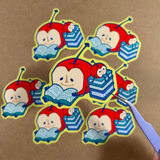"Half Apple Buddy Reading Books" Die Cut Sticker